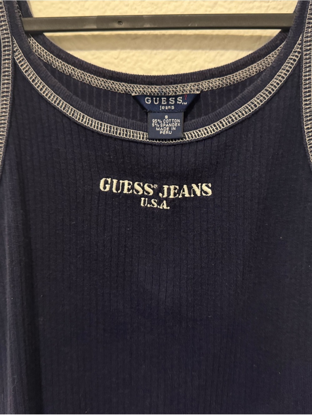 Guess Navy Ribbed Tank with White Contrast Stitching